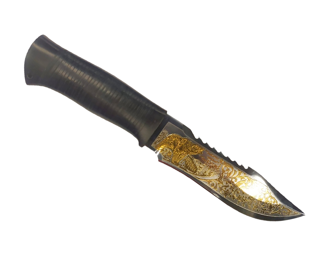 Нож Росоружие Тайга 95x18 кожа позолота гравировка - фото 1