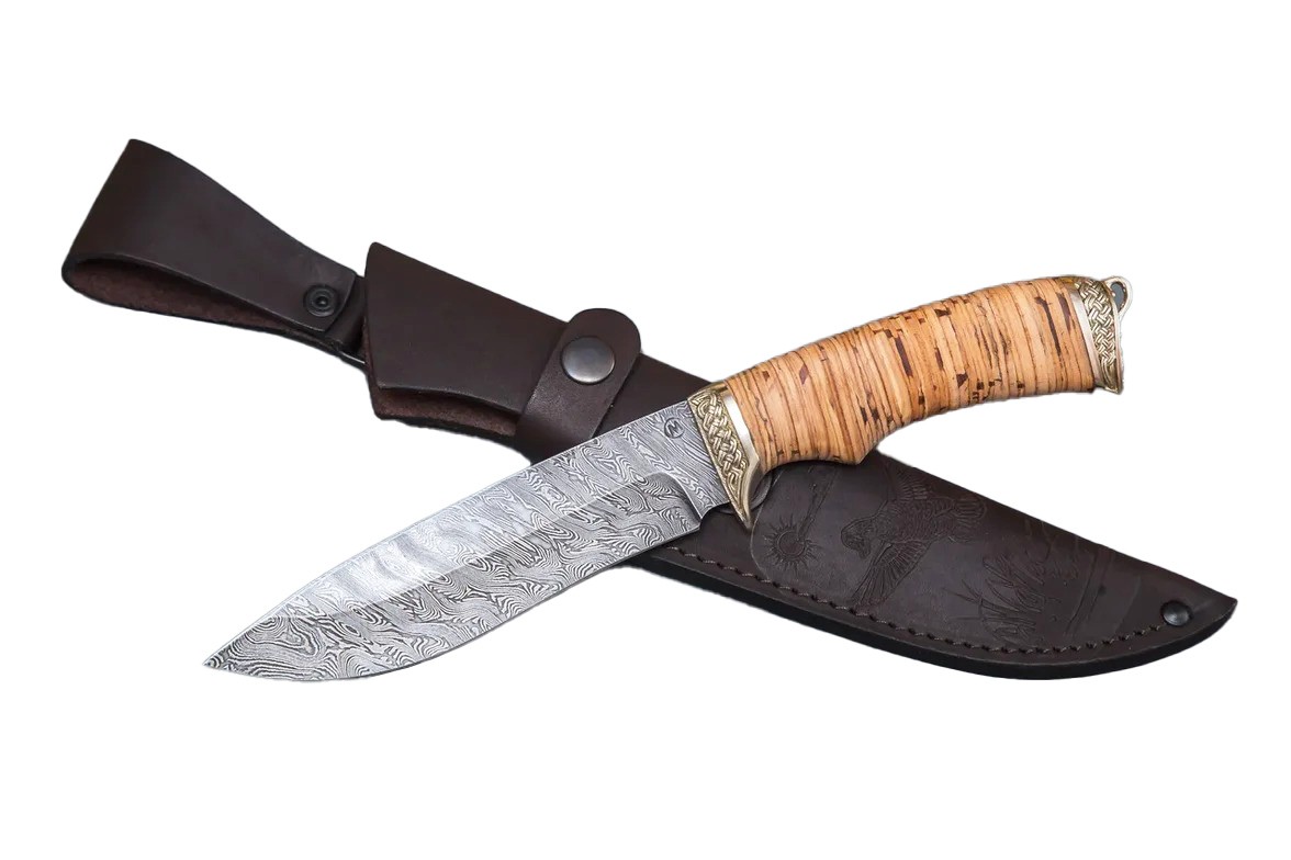 Нож ИП Семин Близнец дамасская сталь береста литье береста - фото 1