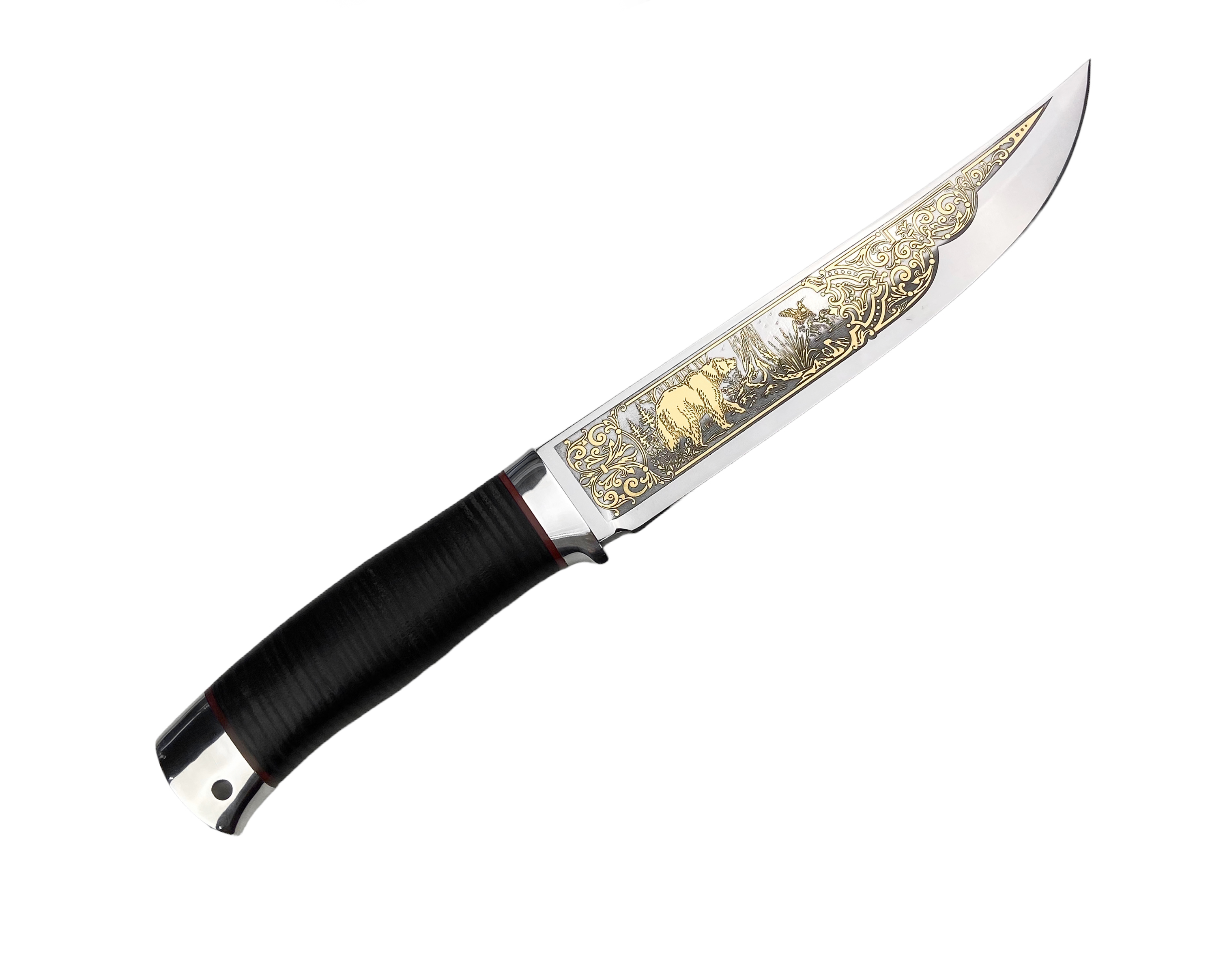 Нож Росоружие Атаман  95х18 кожа алюминий позолота гравировка - фото 1