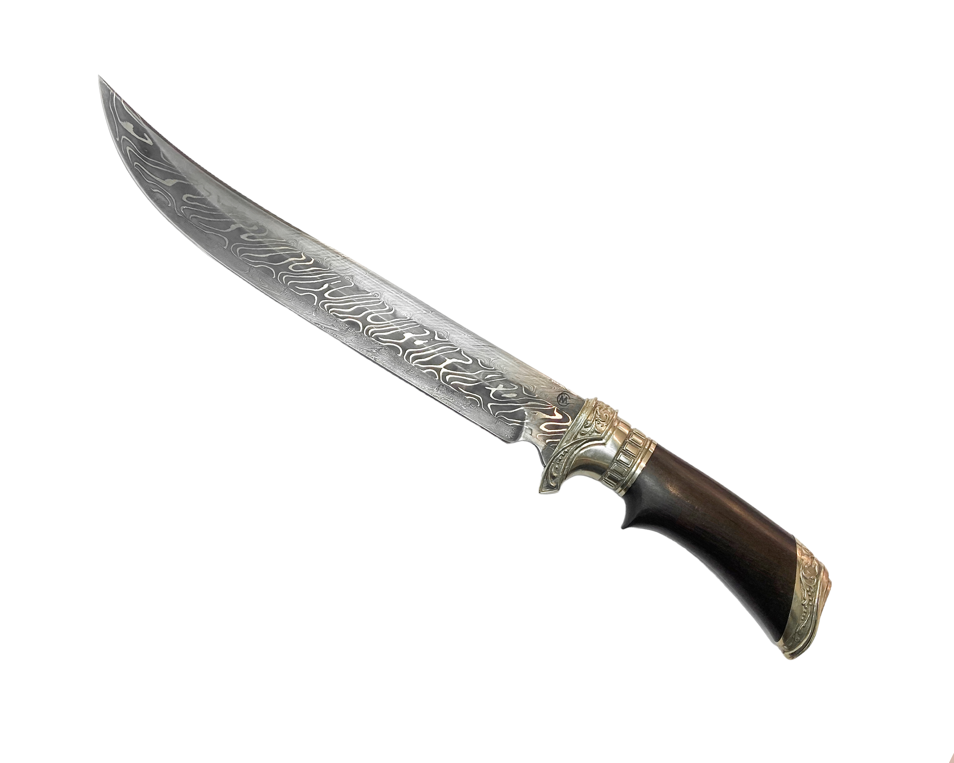 Нож ИП Семин Шайтан дамасская сталь торц литье ценные породы деревянные ножны - фото 1