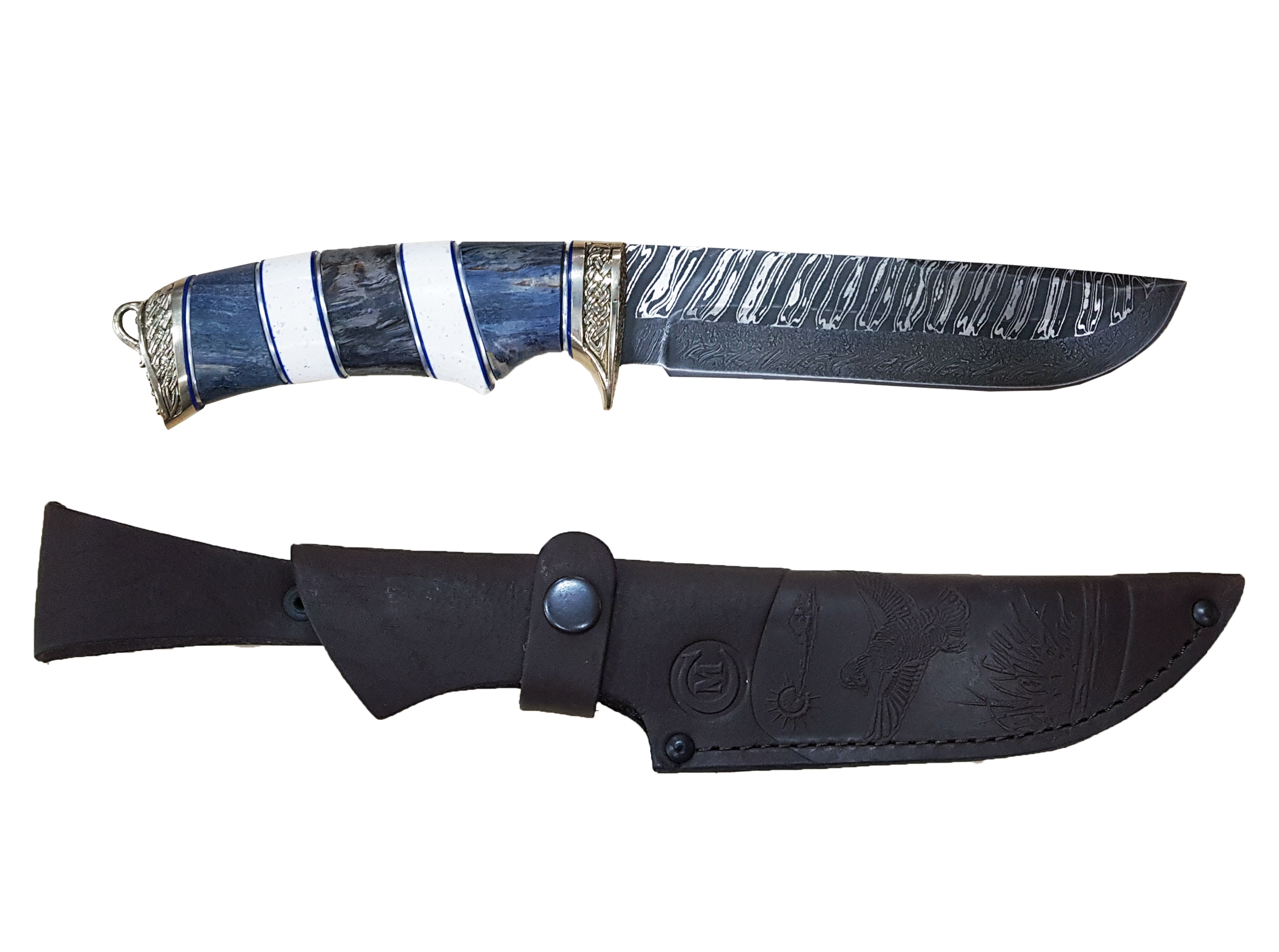 Нож ИП Семин Варяг дамасская сталь литье наборная рукоять береза - фото 1