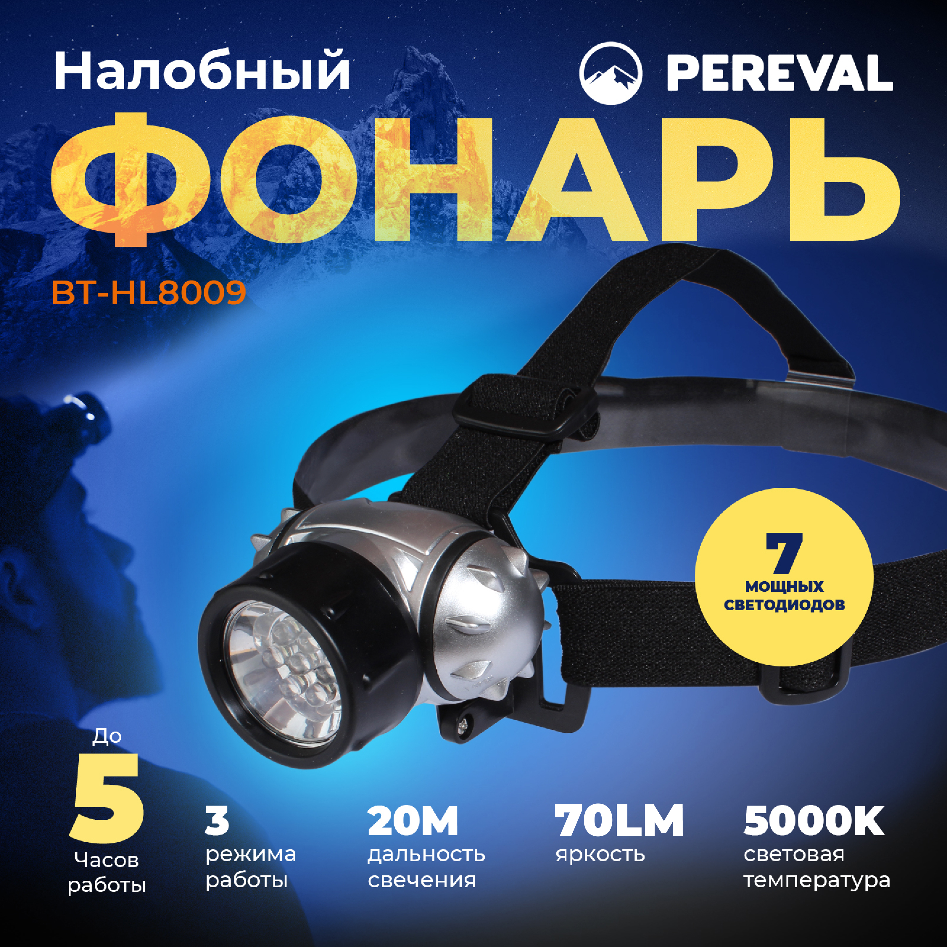 Фонарь Pereval BT-HL8009 налобный 70 Lumens - фото 1