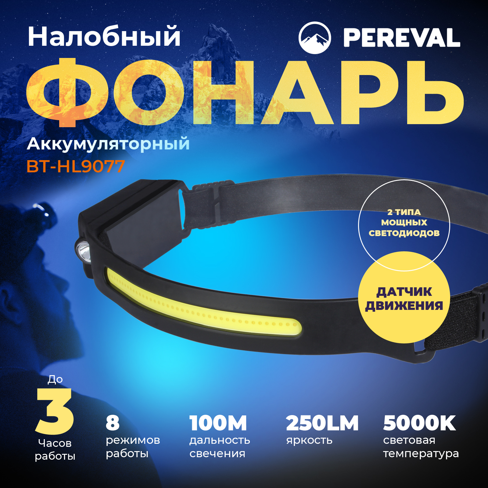 Фонарь Pereval BT-HL9036 налобный 250 Lumens - фото 1