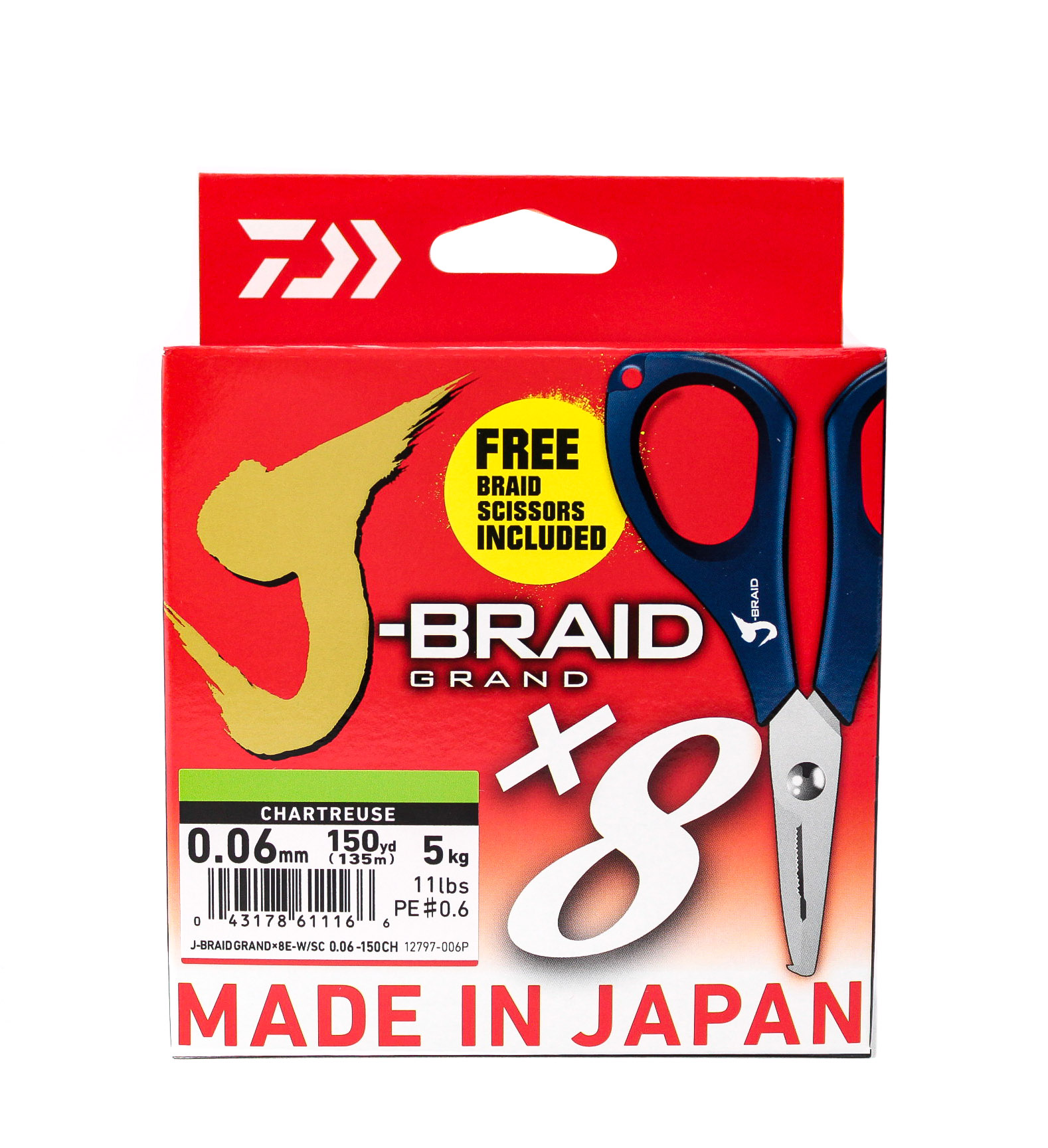Шнур Daiwa J-Braid Grand X8E-W/SC 0,06мм 135м chartreuse + ножницы - фото 1