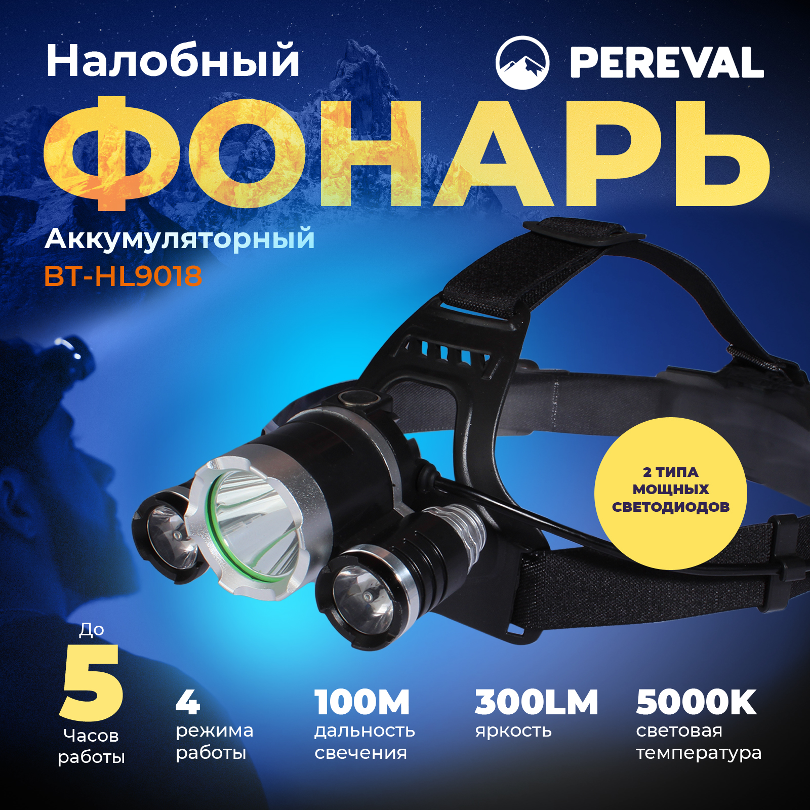 Фонарь Pereval BT-HL9018 налобный 300 Lumens - фото 1