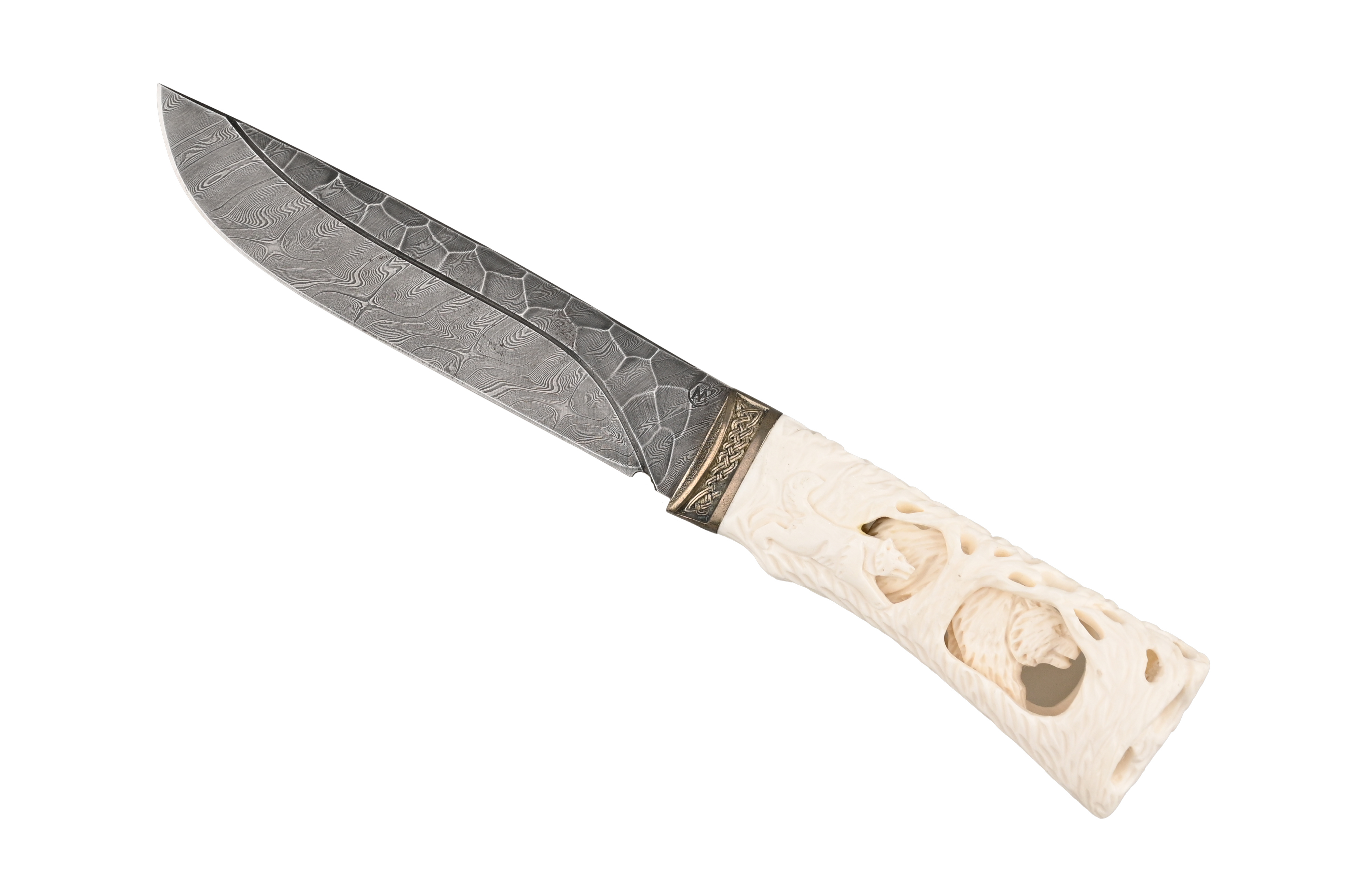 Нож ИП СЕМИНА Путник дамасская сталь литье кость ножны кость ажур - фото 1