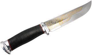 Нож Росоружие Атаман 95х18 золото рукоять кожа алюм гравировка - фото 1
